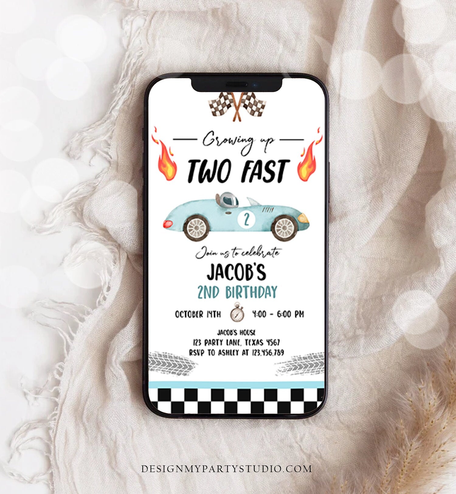 Editable Racing Car Birthday Invitation Growing Up Two Fast Evite Second Birthday 2nd Boy Blue Electronic Phone Template Digital Corjl 0424