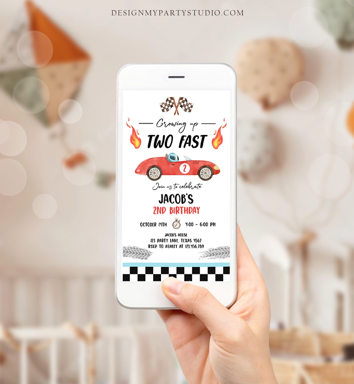 Editable Racing Car Birthday Invitation Growing Up Two Fast Evite Second Birthday 2nd Boy Red Electronic Phone Template Digital Corjl 0424