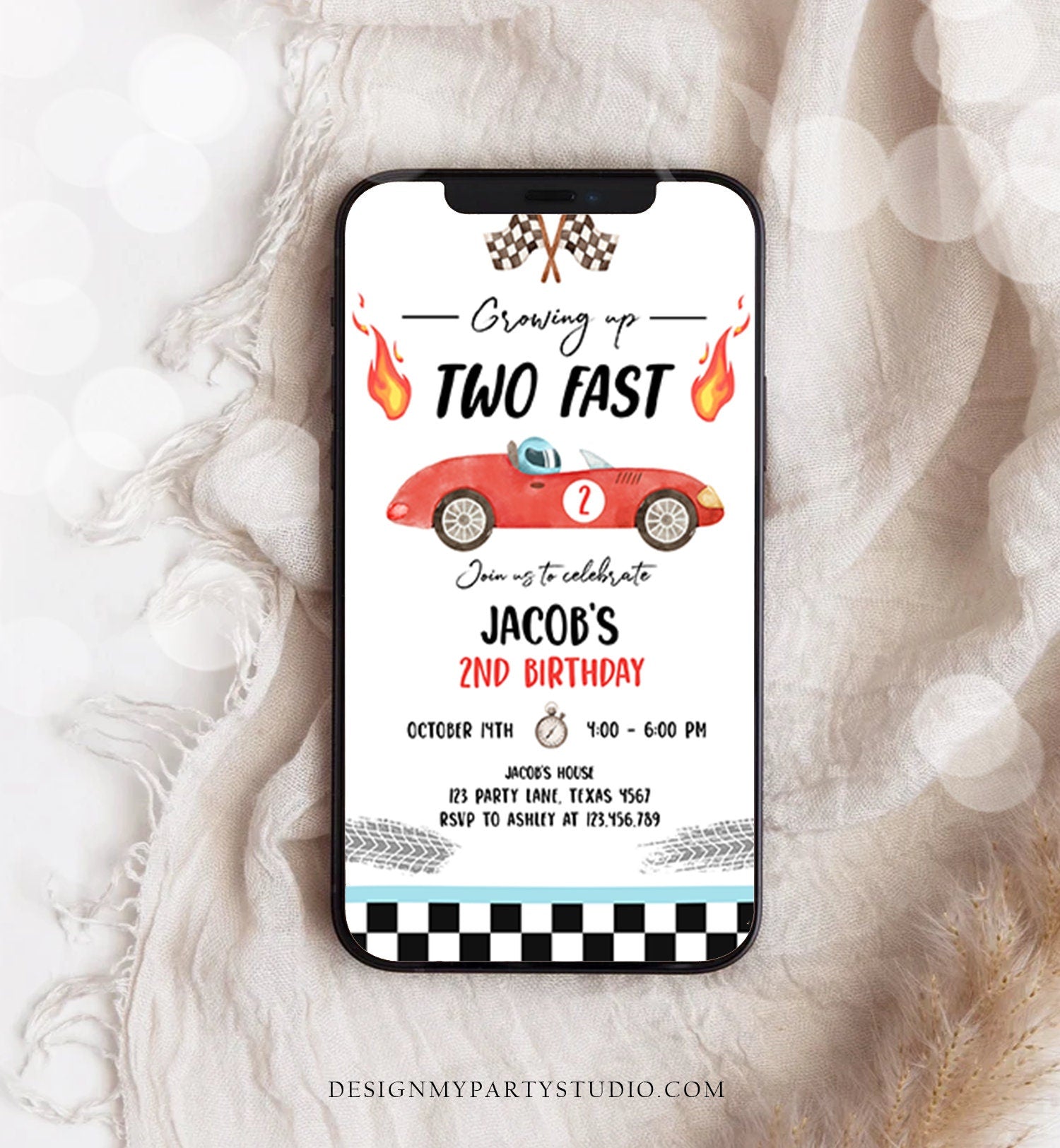 Editable Racing Car Birthday Invitation Growing Up Two Fast Evite Second Birthday 2nd Boy Red Electronic Phone Template Digital Corjl 0424