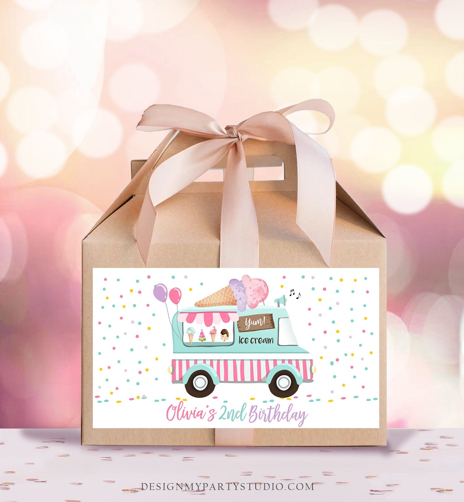 Editable Ice Cream Truck Favor Box Label Gable Gift Box Ice Cream Birthday Sweet One First Girl Treat Box Tag Download Printable Corjl 0243