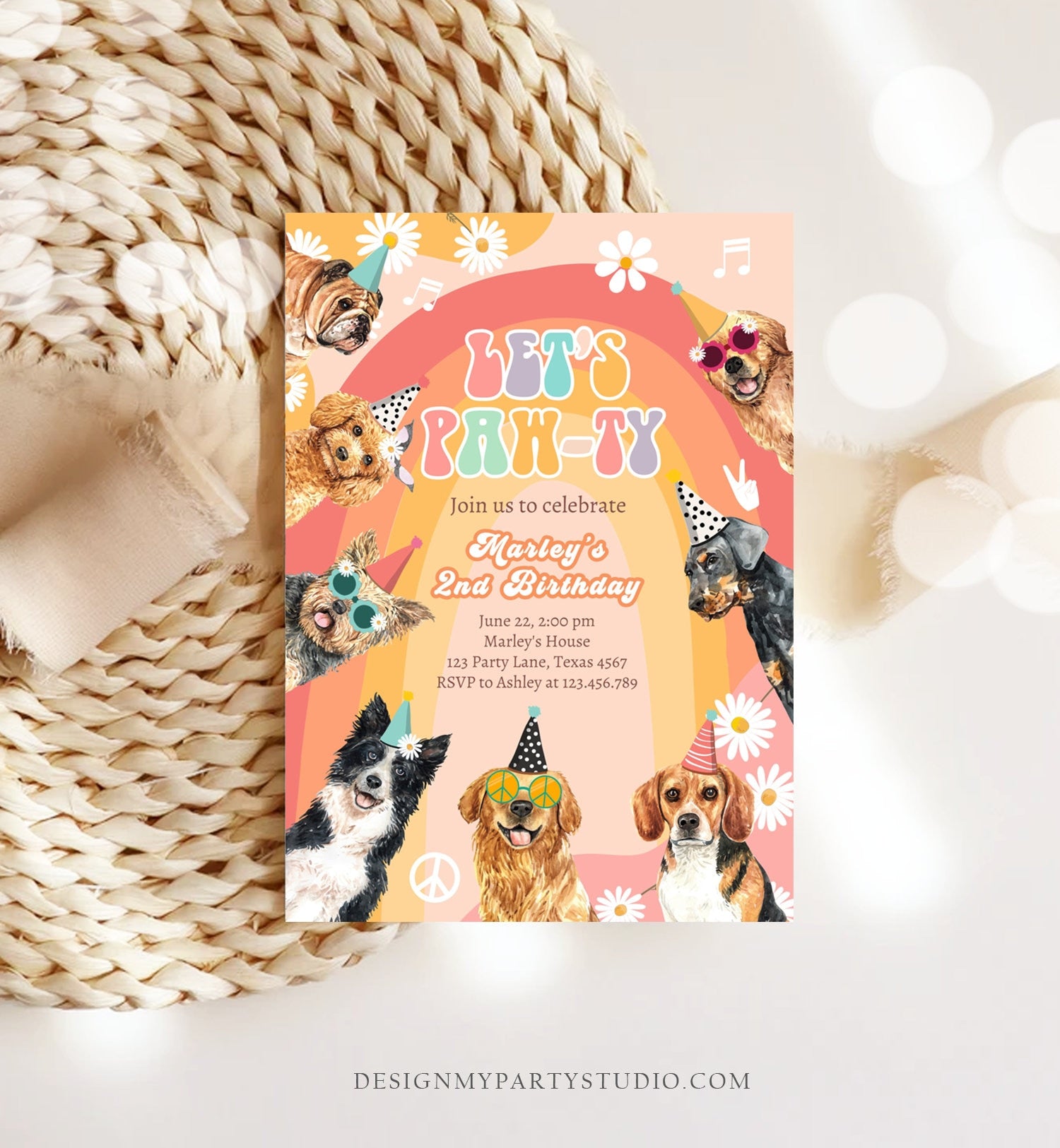 Editable Groovy Dog Birthday Party Invitation Retro Puppy Birthday Invite Girl Doggy Daisy Lets Pawty Download Printable Template Corjl 0463