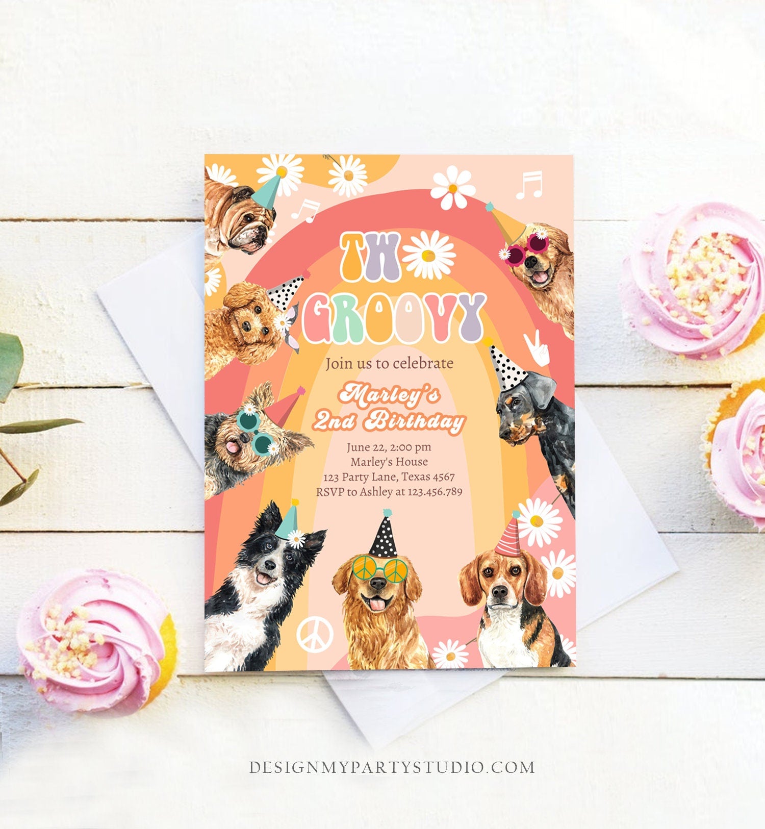 Editable Two Groovy Dog Birthday Party Invitation Retro Puppy 2nd Birthday Invite Girl Doggy Pawty Download Printable Template Corjl 0463