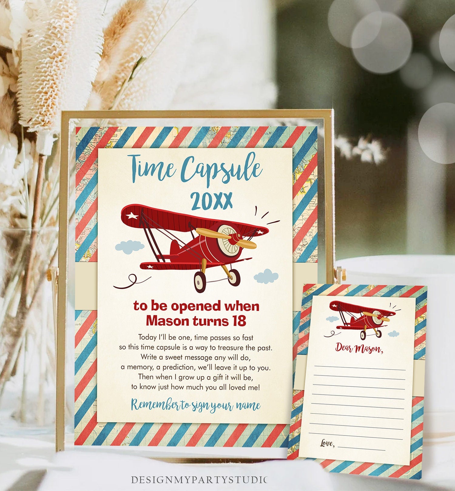 Editable Airplane Time Capsule First Birthday Party Time Flies 1st Birthday Airplane Birthday Guestbook Boy Template Printable Corjl 0011