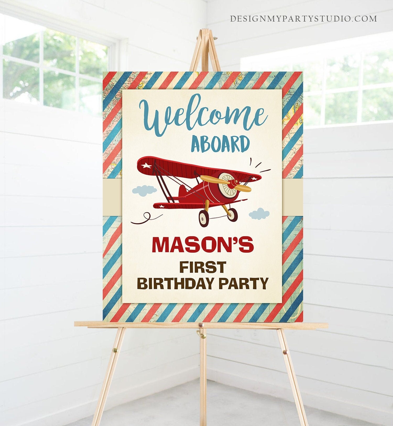 Editable Airplane Welcome Sign Airplane Birthday Boy First 1st Oh How Time Flies Party Decor Airplane Red Digital Template Printable 0011