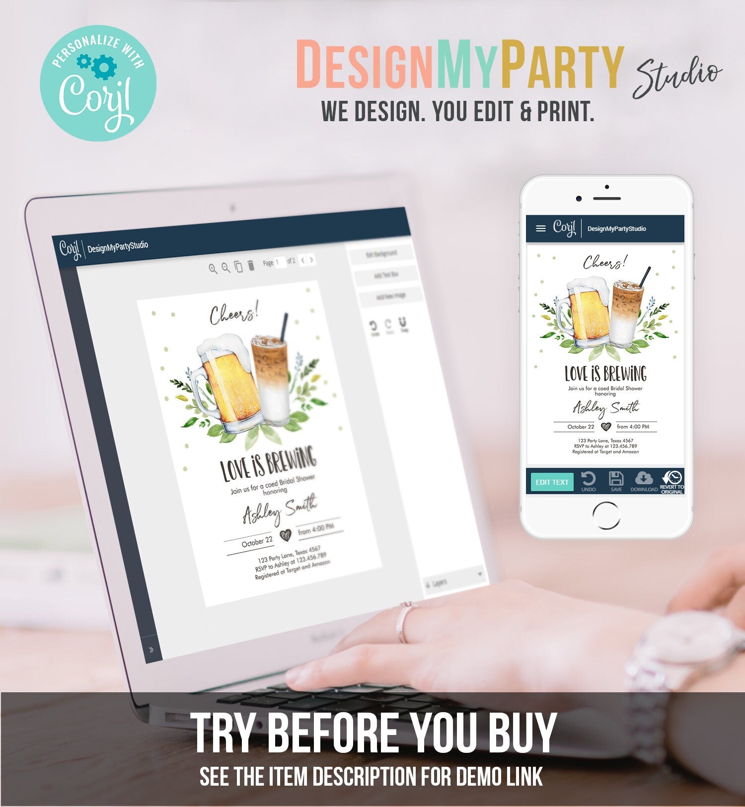 Editable Love is Brewing Invitation Brewing Bridal Shower Invitation Cold Brew Coffee Couples Shower Download Printable Template Corjl 0190