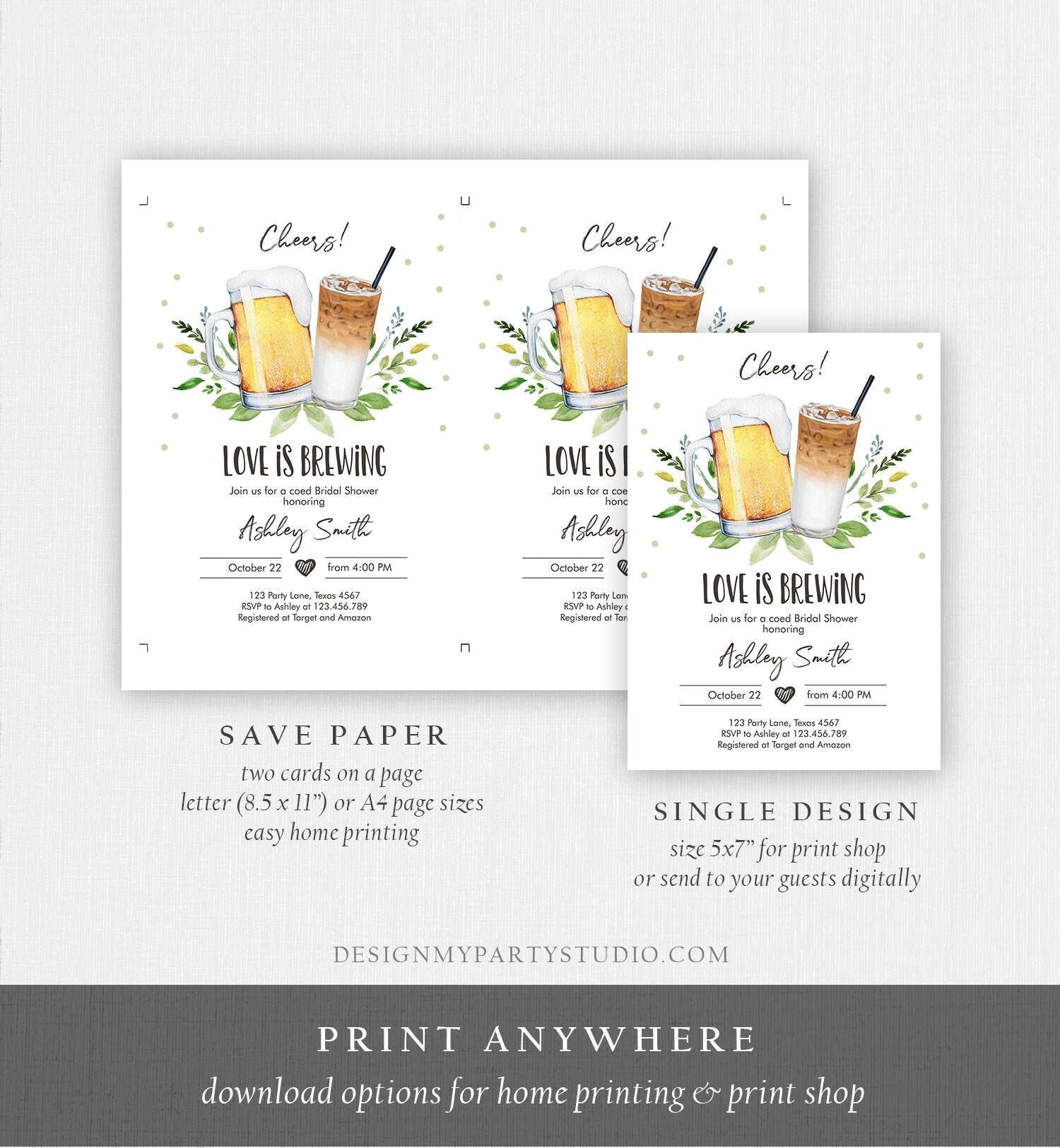 Editable Love is Brewing Invitation Brewing Bridal Shower Invitation Cold Brew Coffee Couples Shower Download Printable Template Corjl 0190