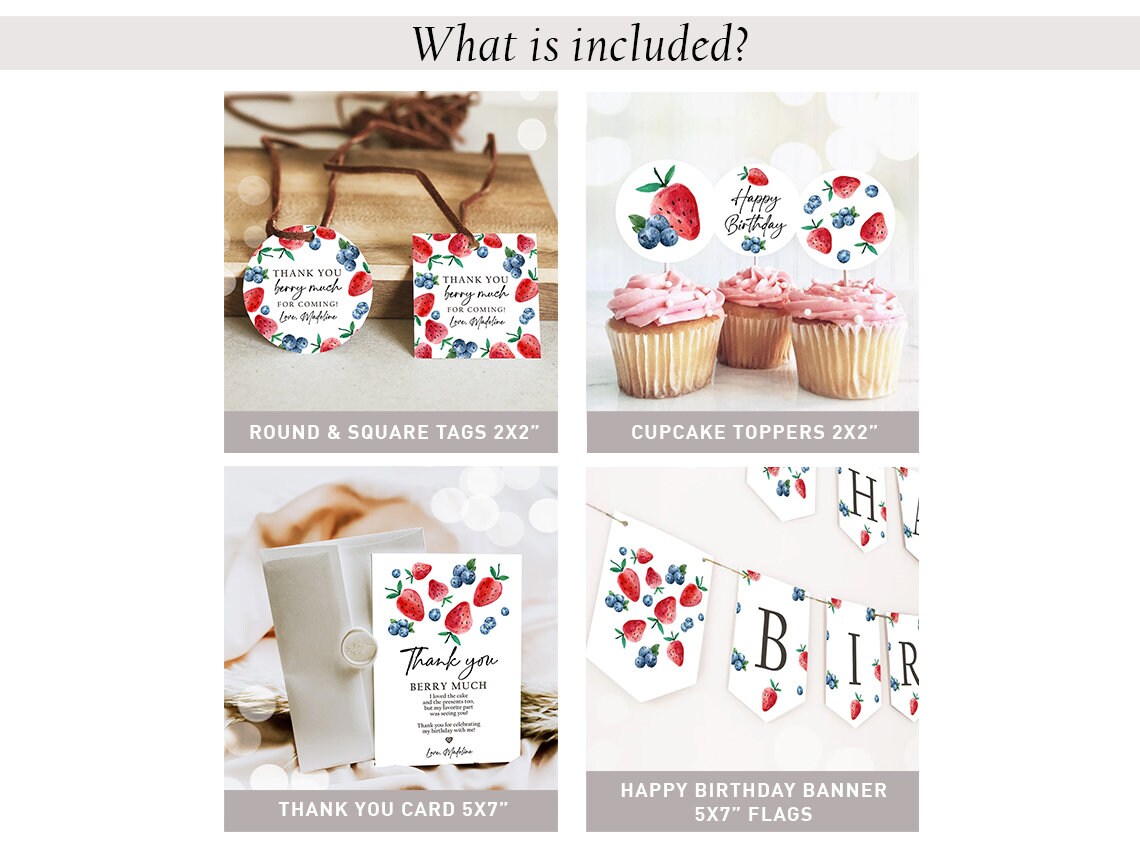 Strawberry Blueberry Birthday Invitation Bundle Berry First Birthday Berry Sweet Party Pack Girl Package 1st Printable Digital Template 0399