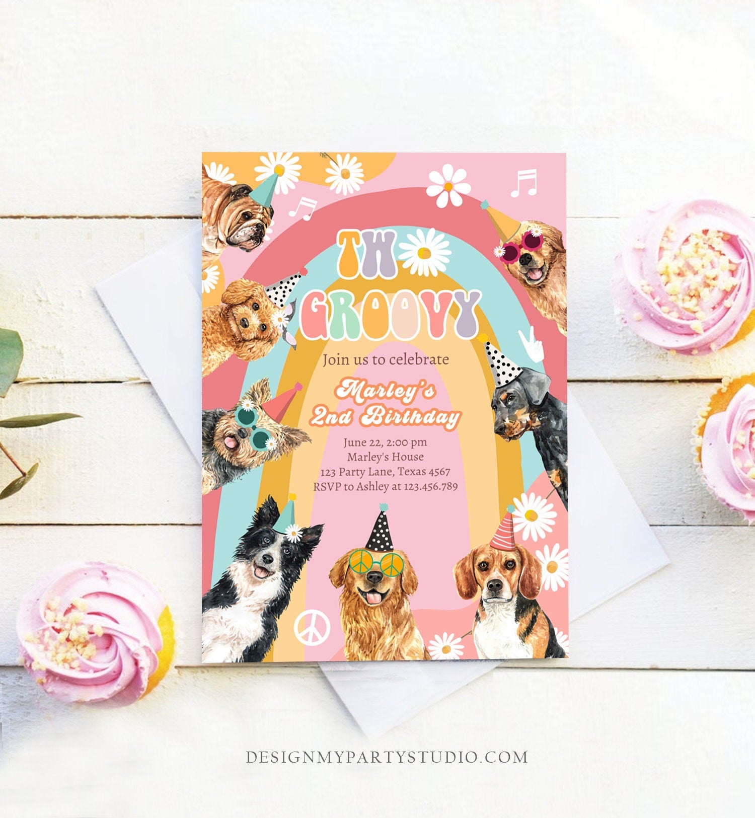 Editable Two Groovy Dog Birthday Party Invitation Retro Puppy 2nd Birthday Invite Girl Doggy Pawty Download Printable Template Corjl 0463