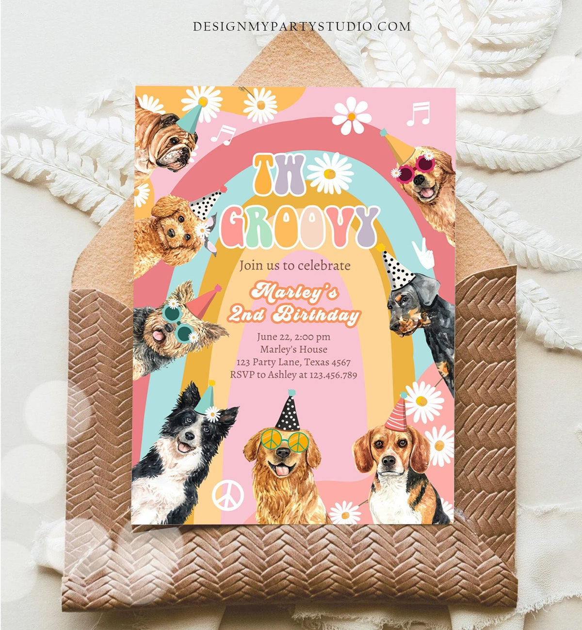 Editable Two Groovy Dog Birthday Party Invitation Retro Puppy 2nd Birthday Invite Girl Doggy Pawty Download Printable Template Corjl 0463