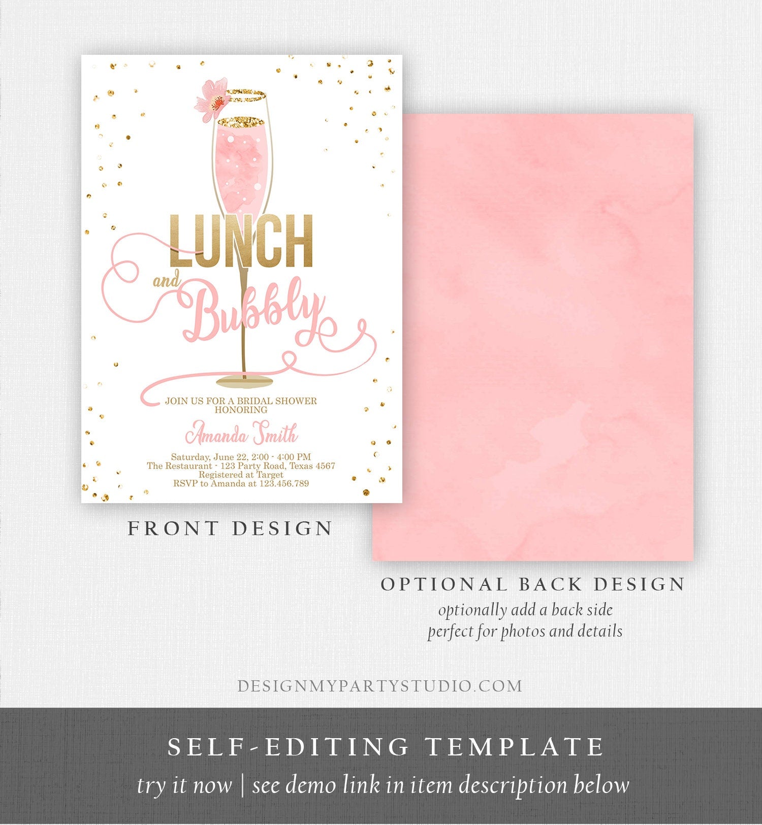 Editable Lunch and Bubbly Bridal Shower Invitation Champagne Gold Pink Wedding Brunch Invite Download Printable Template Digital Corjl 0150