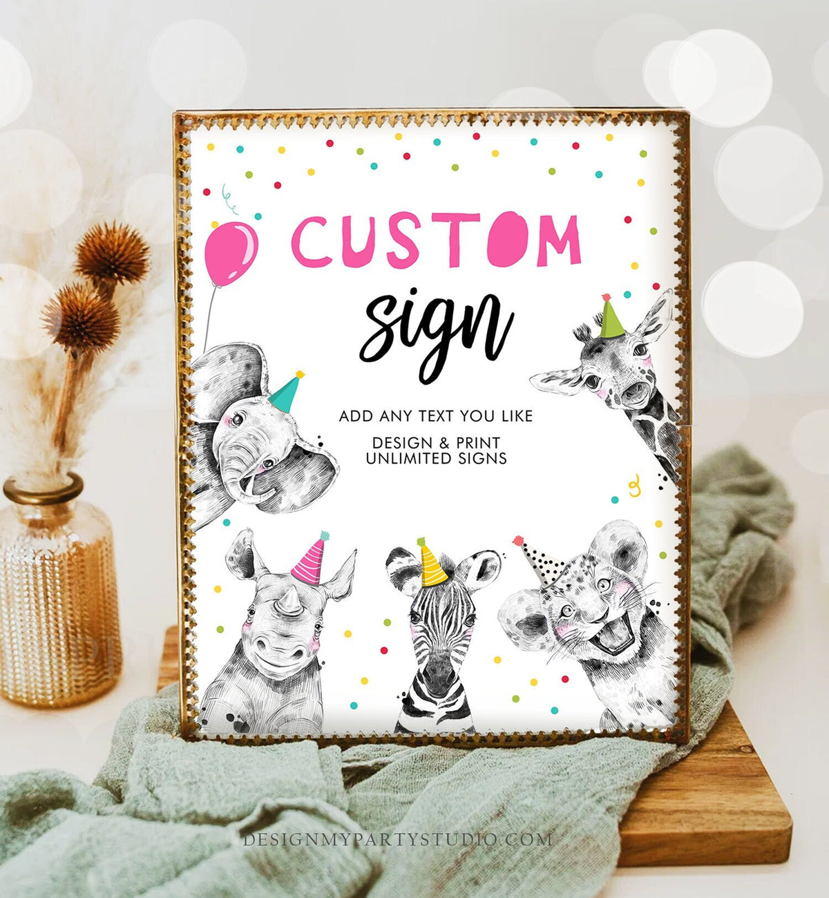 Editable Custom Sign Party Animals Sign Wild One Animals Decor Zoo Safari Animals Girl Table Decoration 8x10 Instant Download PRINTABLE 0390