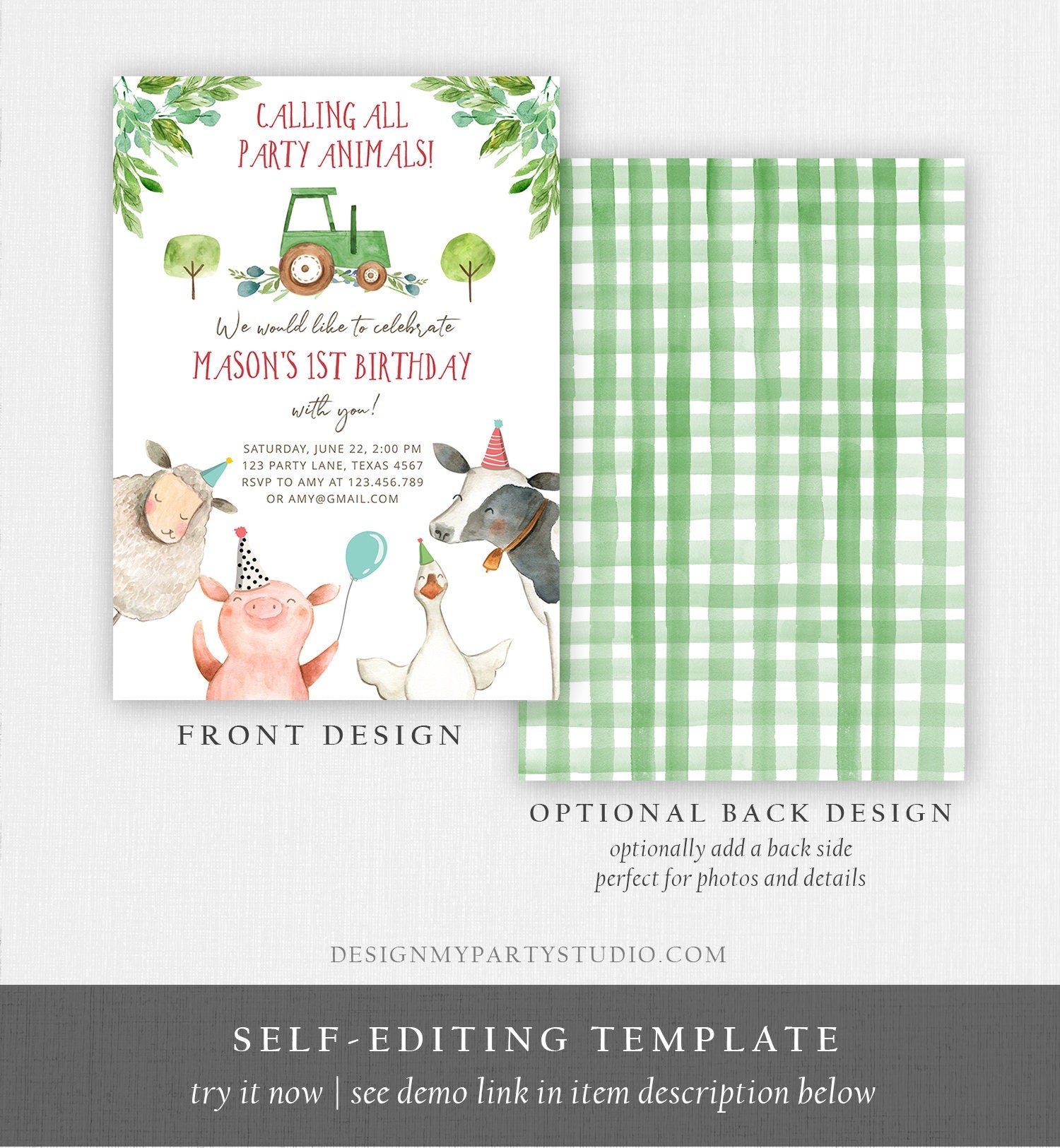 Editable Farm Birthday Invitation Boy Farm Animals Green Tractor Barnyard Barn Birthday Party Animals Digital Corjl Template Printable 0155