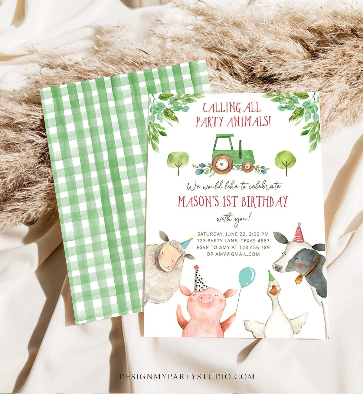 Editable Farm Birthday Invitation Boy Farm Animals Green Tractor Barnyard Barn Birthday Party Animals Digital Corjl Template Printable 0155