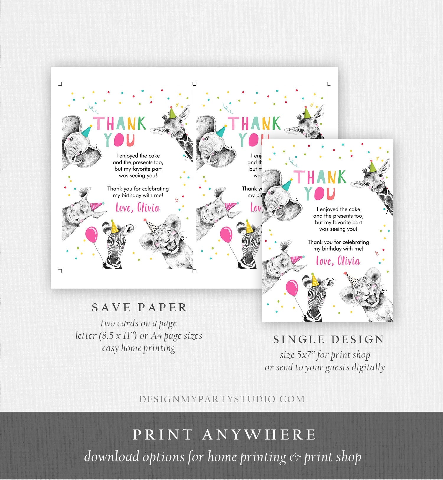 Editable Thank You Card Safari Animals Wild One Two Wild Thank You Note Girl Pink Wild Three Zoo Party Animal Digital Template Download 0390