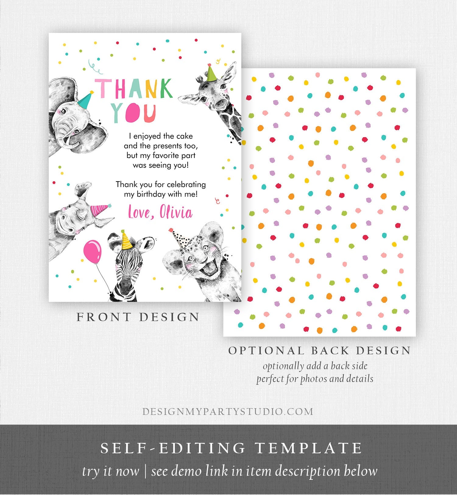 Editable Thank You Card Safari Animals Wild One Two Wild Thank You Note Girl Pink Wild Three Zoo Party Animal Digital Template Download 0390