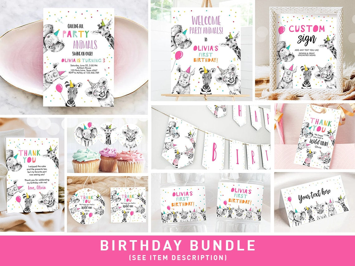 Party Animals Birthday Invitation Bundle Wild One Animals Zoo Safari Animals Girl Two Wild Party Pack Jungle Printable Corjl Template 0390