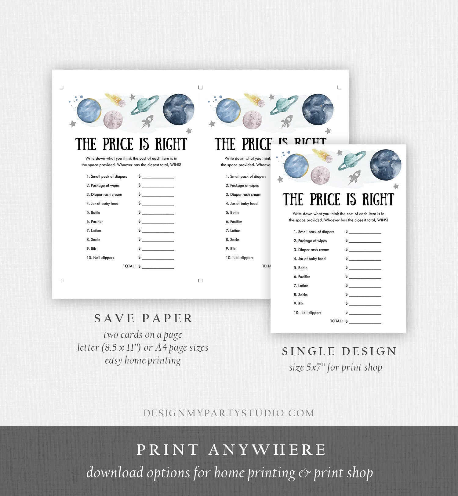 Editable The Price is Right Baby Shower Game Outer Space Planets Galaxy Boy Rocket Neutral Activity Silver Corjl Template Printable 0357