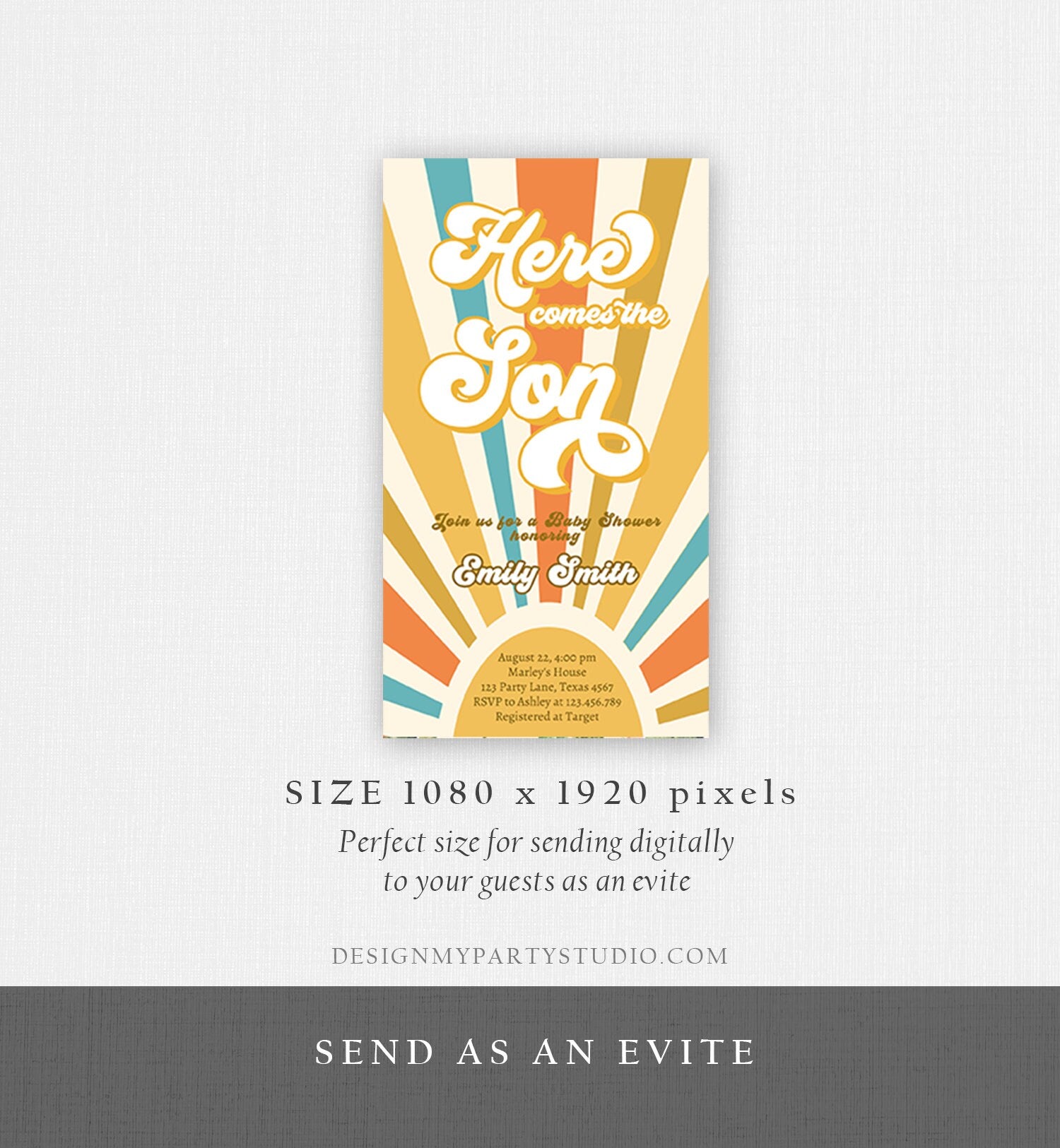 Editable Here Comes the Son Baby Shower Evite Baby Boy Sunshine Baby Shower Invitation Retro Instant Download Phone Corjl Template 0457