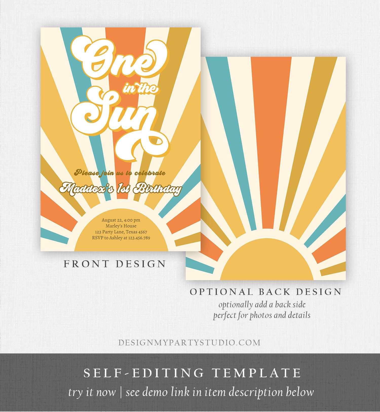 Editable One in The Sun Birthday Invitation Sunshine 1st Birthday Party Boho Retro Son Download Printable Template Digital Corjl 0457