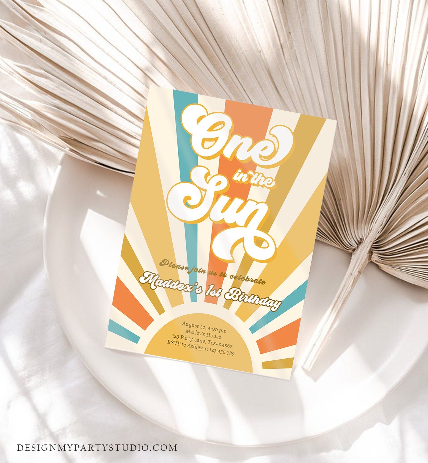 Editable One in The Sun Birthday Invitation Sunshine 1st Birthday Party Boho Retro Son Download Printable Template Digital Corjl 0457