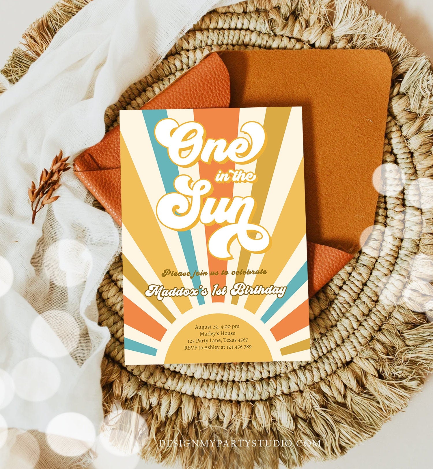 Editable One in The Sun Birthday Invitation Sunshine 1st Birthday Party Boho Retro Son Download Printable Template Digital Corjl 0457