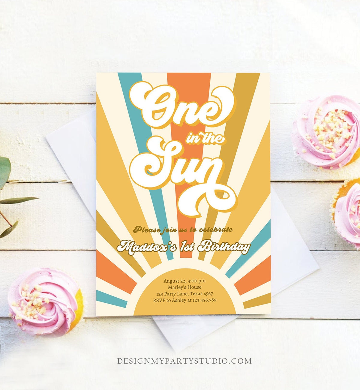 Editable One in The Sun Birthday Invitation Sunshine 1st Birthday Party Boho Retro Son Download Printable Template Digital Corjl 0457