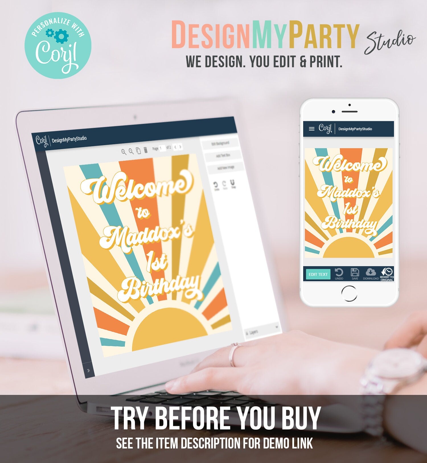 Editable Sunshine Birthday Welcome Sign Sun Welcome Poster Boy Retro Groovy Decor First Trip Around the Sun Digital Template Printable 0457