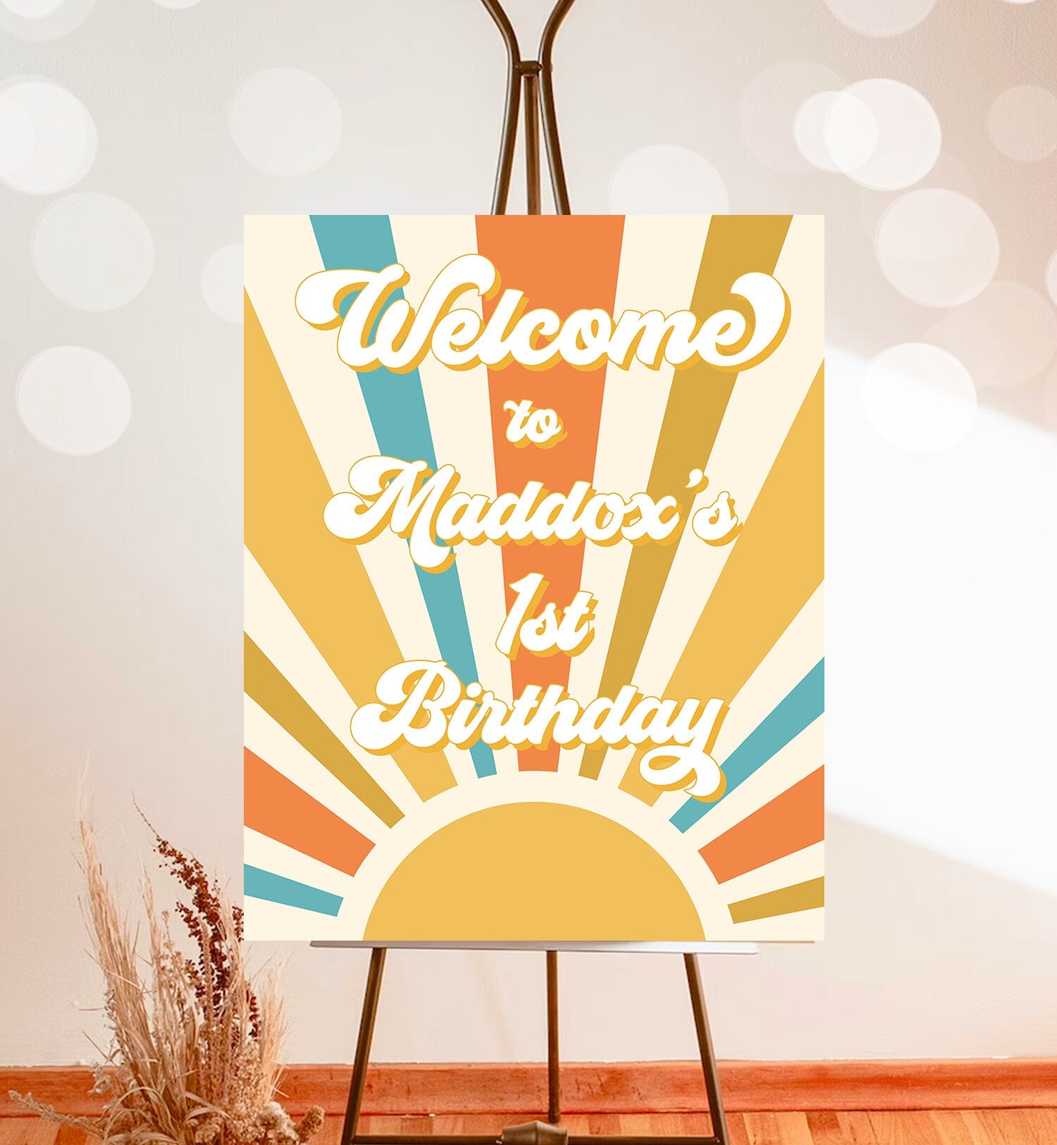 Editable Sunshine Birthday Welcome Sign Sun Welcome Poster Boy Retro Groovy Decor First Trip Around the Sun Digital Template Printable 0457