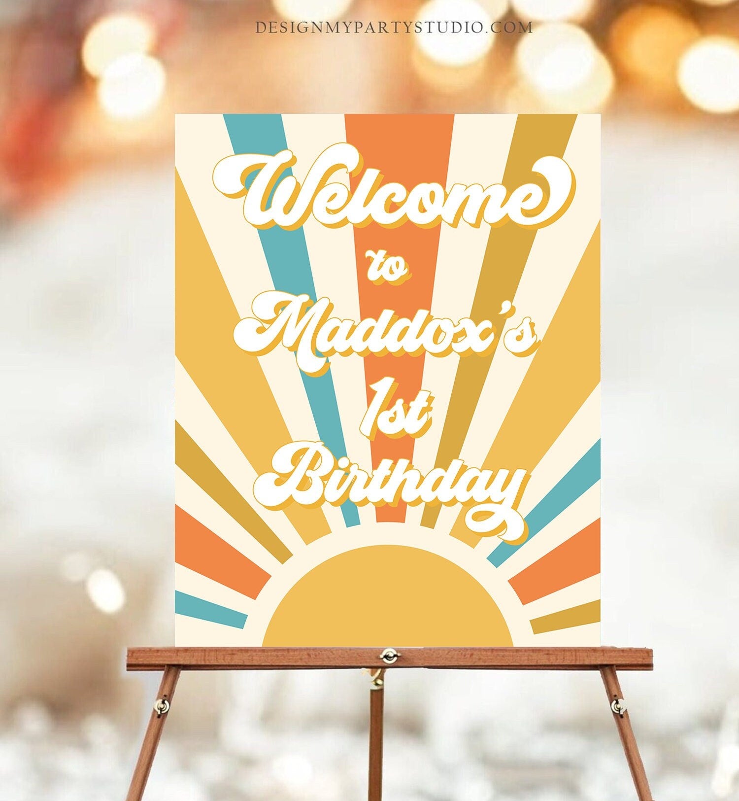 Editable Sunshine Birthday Welcome Sign Sun Welcome Poster Boy Retro Groovy Decor First Trip Around the Sun Digital Template Printable 0457