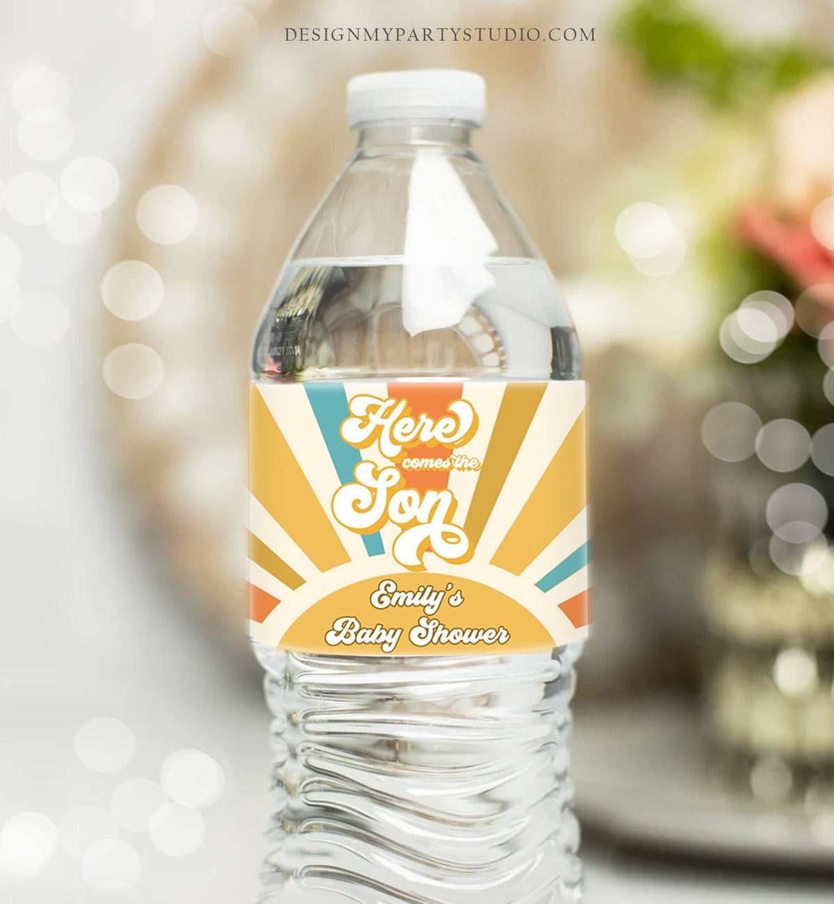 Editable Here Comes the Son Water Bottle Label Boy Retro Sunshine Baby Shower Boho Drink Label Sun Download Printable Template Corjl 0457