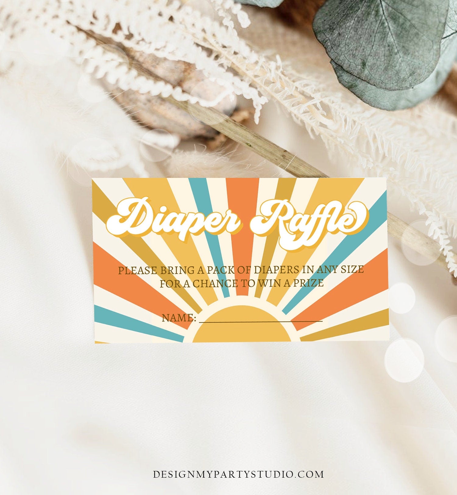 Editable Sunshine Diaper Raffle Ticket Ray of Sonshine Baby shower Boy Diaper Game Retro Little Sunshine Groovy Boy PRINTABLE Corjl 0457