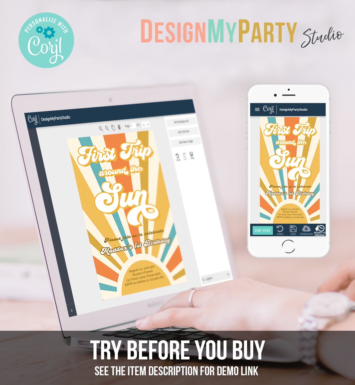 Editable First Trip Around The Sun Birthday Evite 1st Birthday My Sunshine Invitation Boho Retro Phone Download Template Digital Corjl 0457