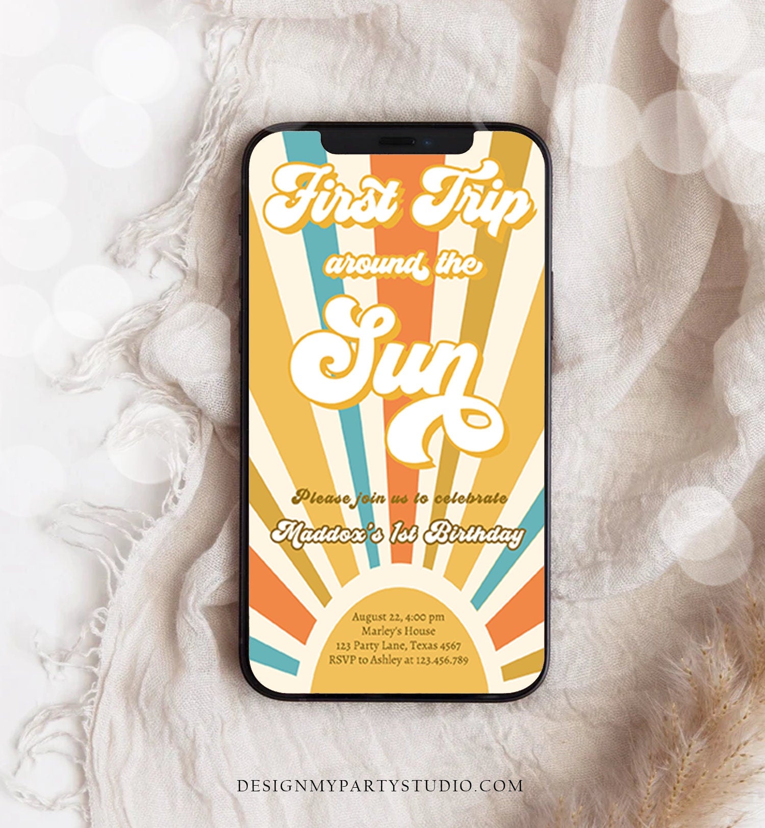 Editable First Trip Around The Sun Birthday Evite 1st Birthday My Sunshine Invitation Boho Retro Phone Download Template Digital Corjl 0457