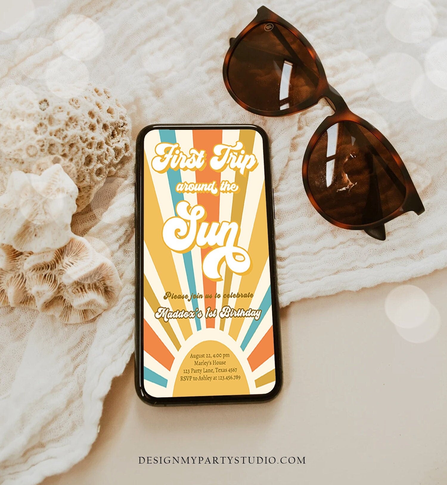 Editable First Trip Around The Sun Birthday Evite 1st Birthday My Sunshine Invitation Boho Retro Phone Download Template Digital Corjl 0457