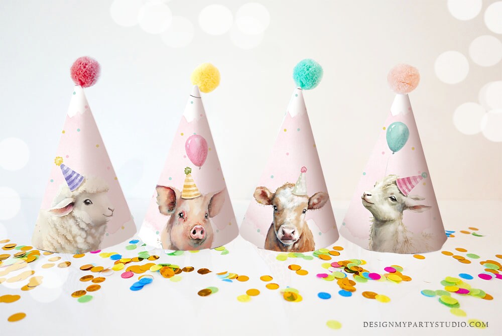 Printable Party Hats Farm Animals Birthday Party Animals Birthday Decor Barnyard Birthday Cow Pig Sheep Farm Digital Download Printable 0448