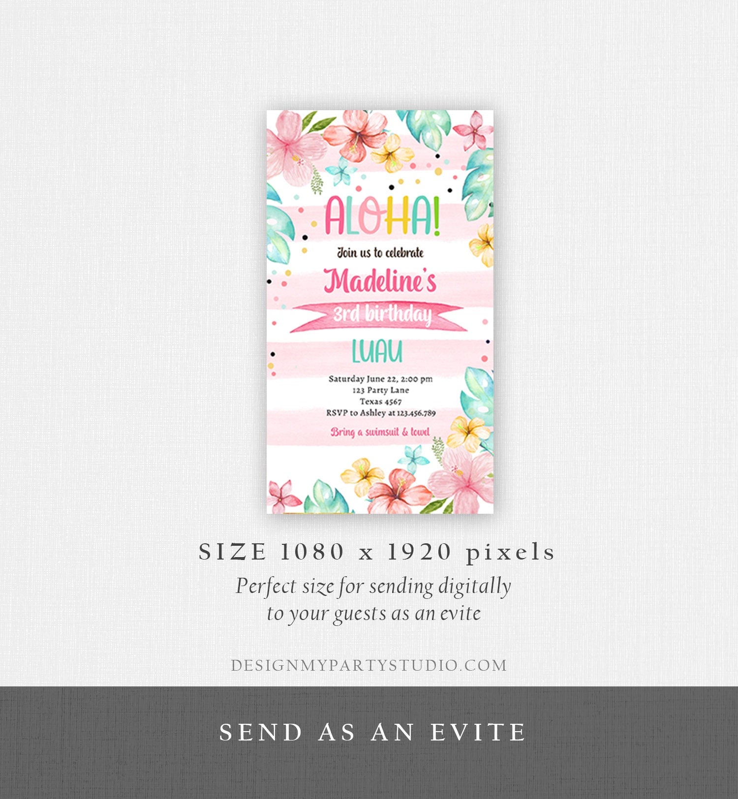 Editable Hawaiian Luau Birthday Evite Pineapple Birthday Party Pool Party Pink Girl Electronic Phone Download Corjl Template Printable 0391