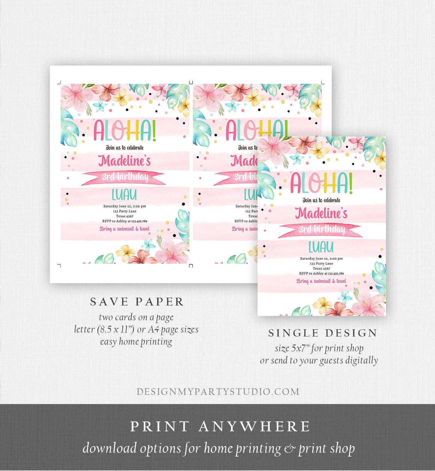 Editable Hawaiian Luau Birthday Invitation Pineapple Birthday Party Pool Party Pineapple Pink Girl Download Corjl Template Printable 0391