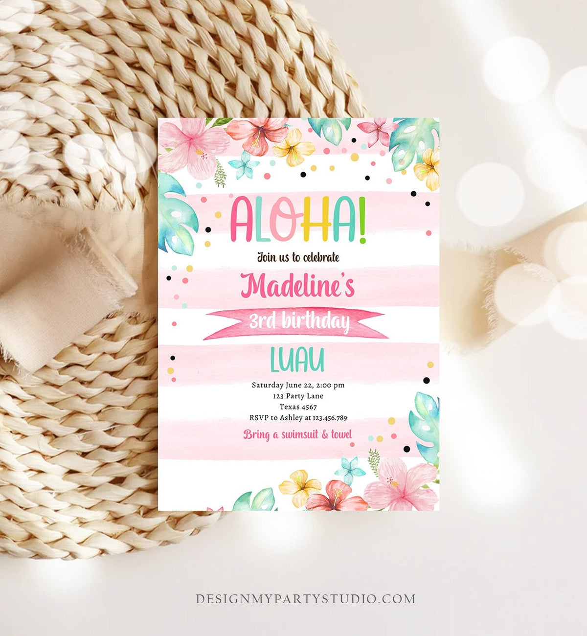 Editable Hawaiian Luau Birthday Invitation Pineapple Birthday Party Pool Party Pineapple Pink Girl Download Corjl Template Printable 0391