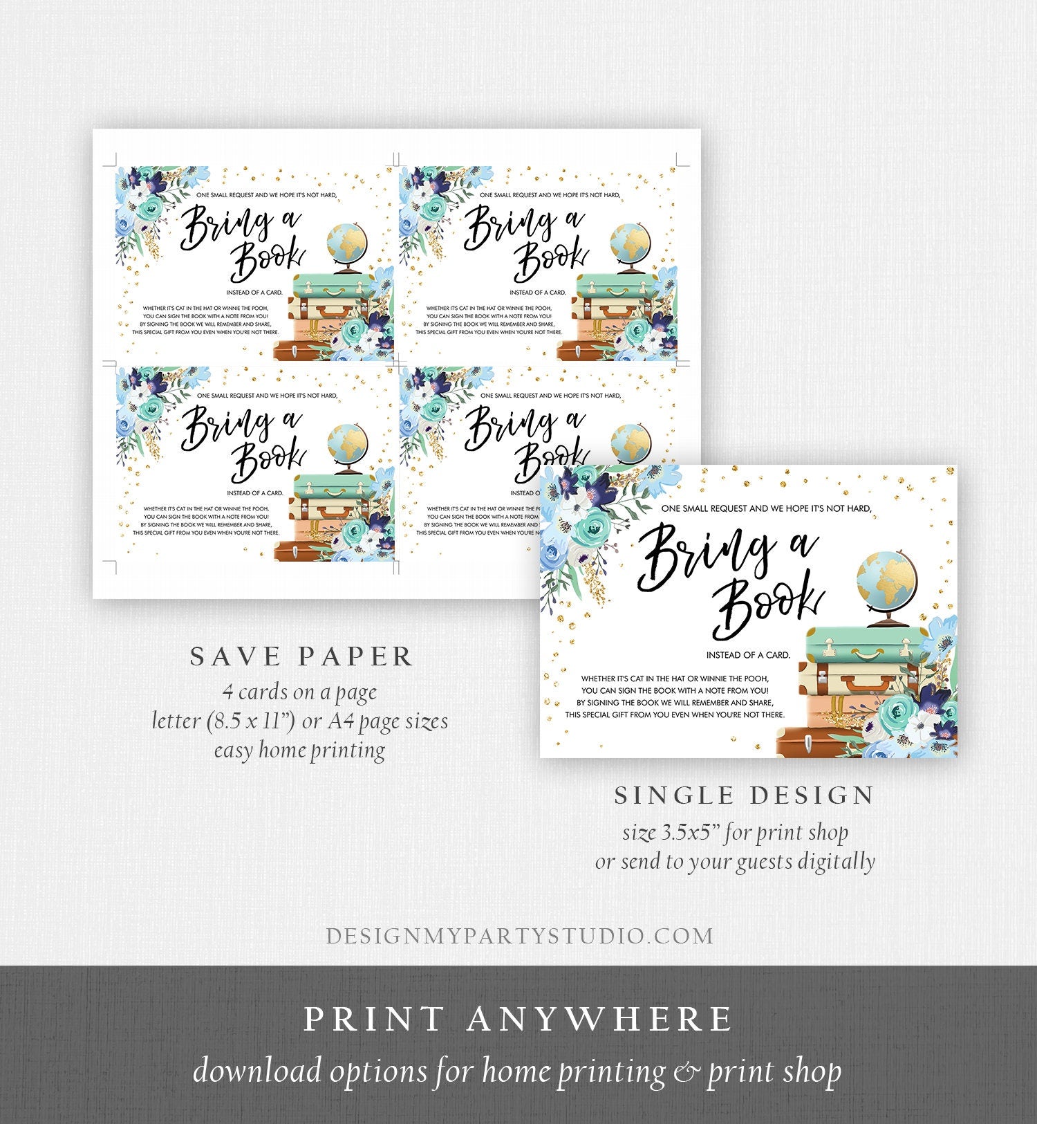 Editable Travel Bring a Book Card Baby Shower Books for Baby Adventure Floral Journey Begins Suitcases Blue Corjl Template Printable 0030