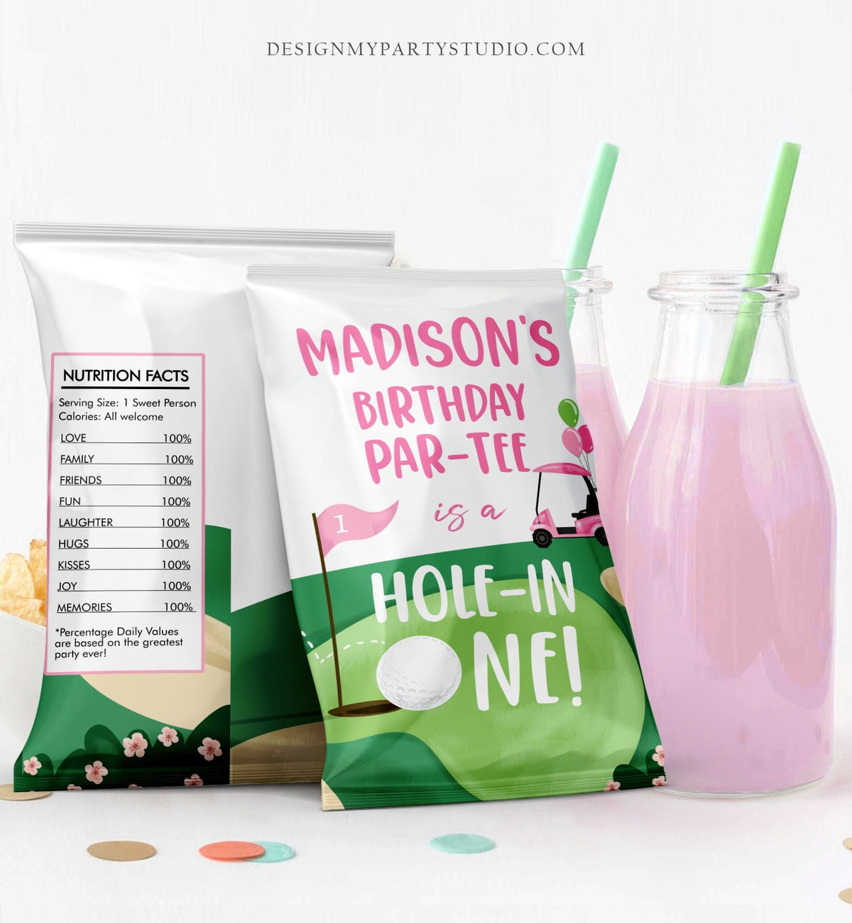 Editable Hole in One Birthday Chip Bag Golf First Birthday Par-tee Decor Girl Pink Golf Party Favor 1st Birthday Digital Corjl Template 0405