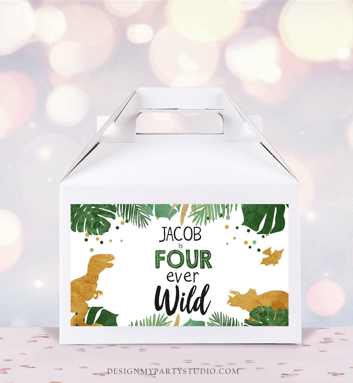 Editable Four Ever Wild Dinosaur Gable Gift Box Labels Party Animals Gold Green 4th Fourth Birthday Boy Digital Corjl Printable 0146