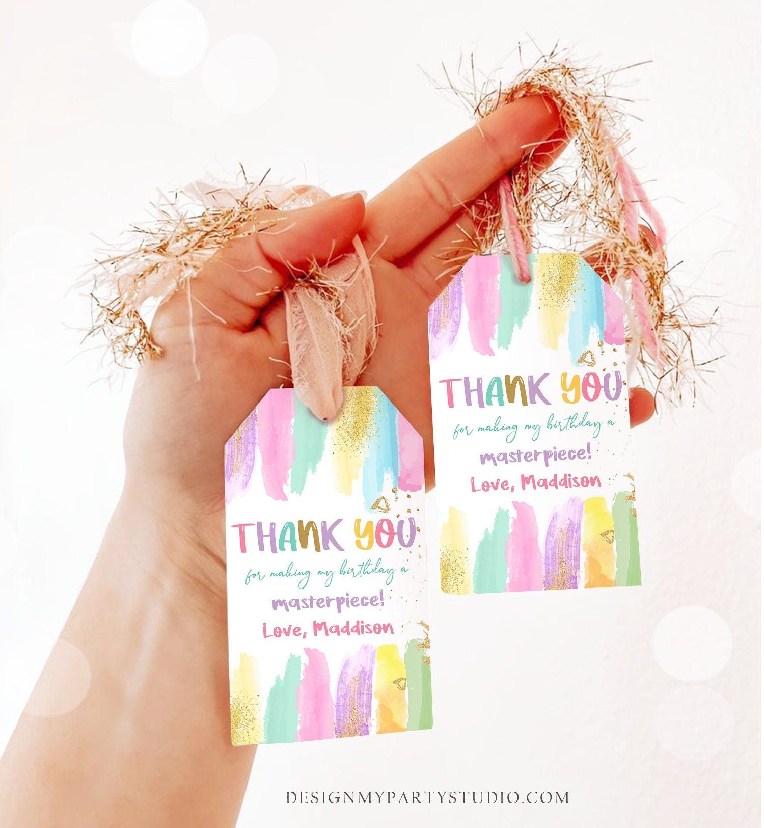 Editable Art Party Favor Tags Painting Party Thank You Tag Gift Tag Art Birthday Girl Pink Craft Paint Brush Corjl Template Printable 0450