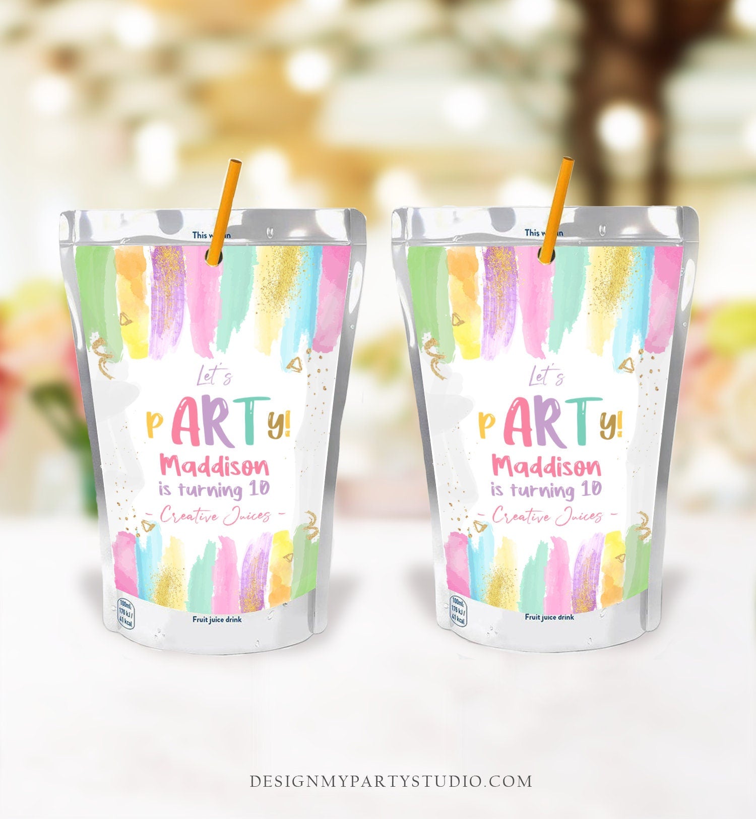 Editable Art Party Birthday Juice Pouch Labels Juice Favors Girl Birthday Decor Paint Party Digital Download Template Printable 0450