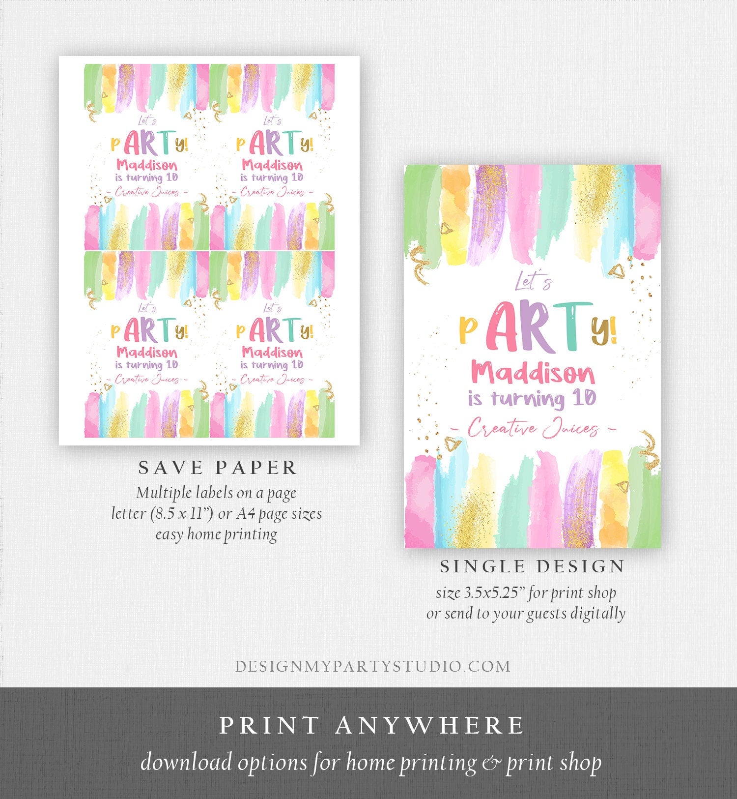 Editable Art Party Birthday Juice Pouch Labels Juice Favors Girl Birthday Decor Paint Party Digital Download Template Printable 0450