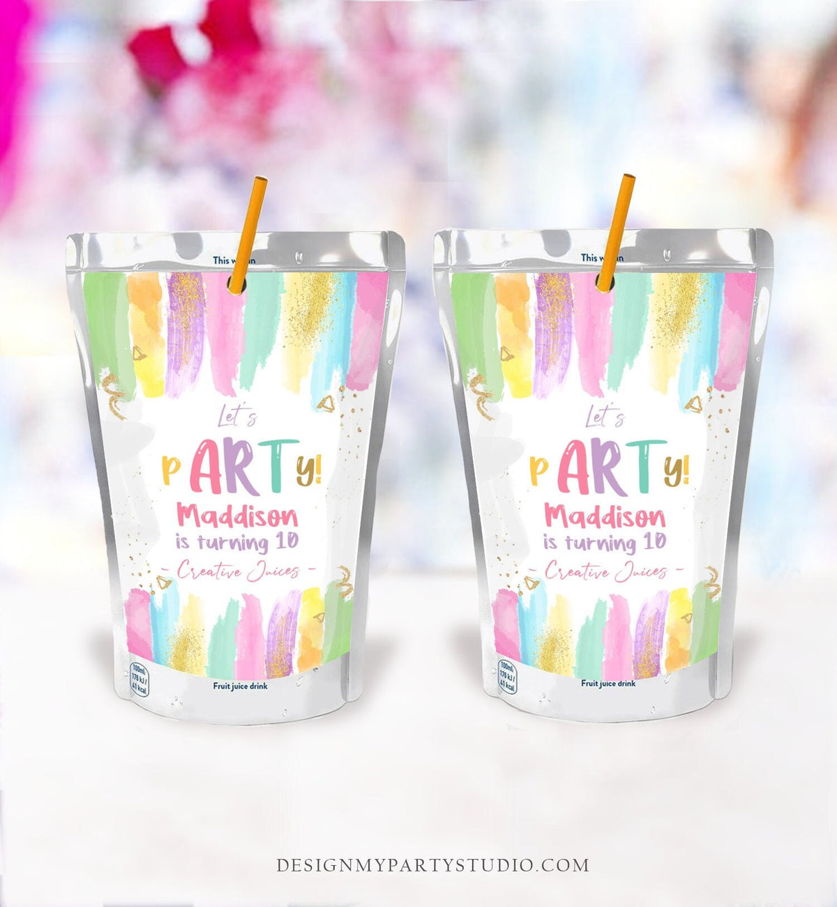 Editable Art Party Birthday Juice Pouch Labels Juice Favors Girl Birthday Decor Paint Party Digital Download Template Printable 0450