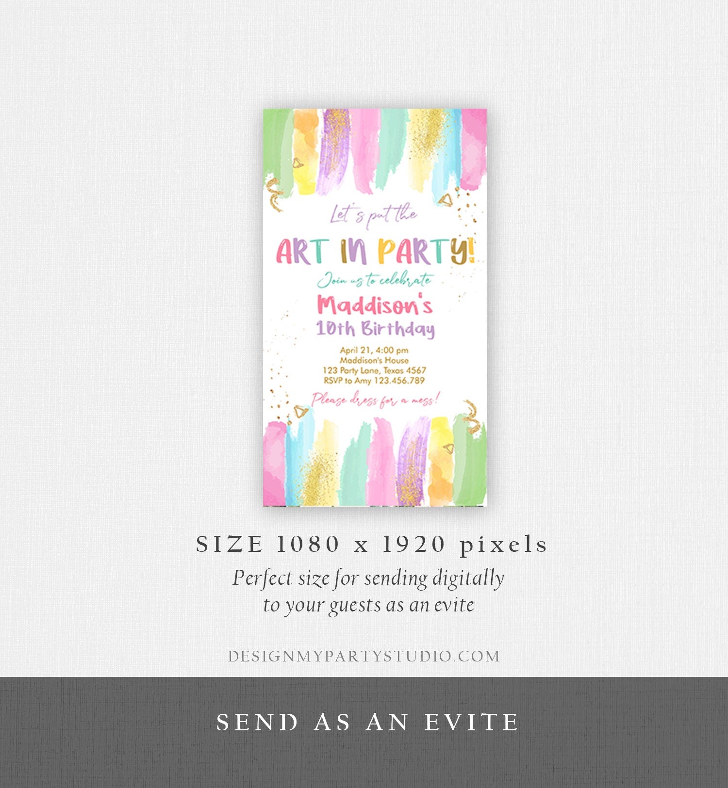 Editable Art Party Invitation Art Birthday Evite Painting Party Craft Party Rainbow Pastel Download Phone Electronic Digital Corjl 0450