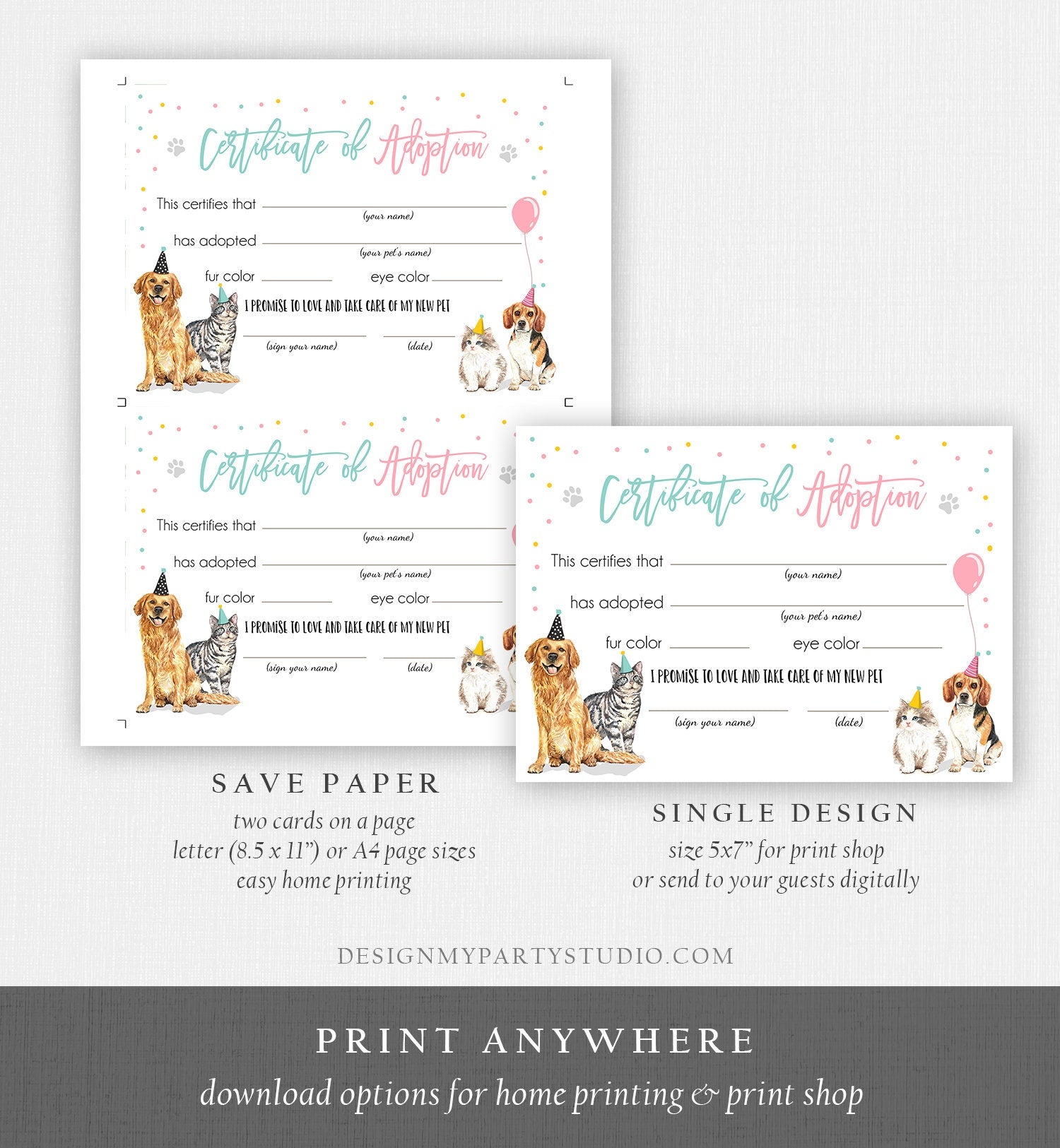 Pet Adoption Certificate Puppy Kitten Adoption Dogs and Cats Birthday Party Adopt A Pet Vet Adoption Instant Download Digital PRINTABLE 0384