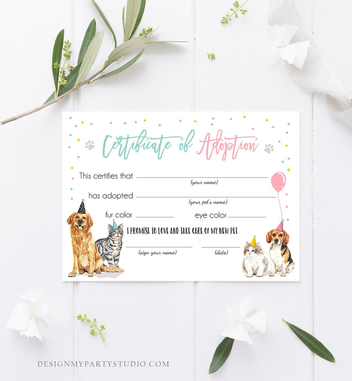 Pet Adoption Certificate Puppy Kitten Adoption Dogs and Cats Birthday Party Adopt A Pet Vet Adoption Instant Download Digital PRINTABLE 0384