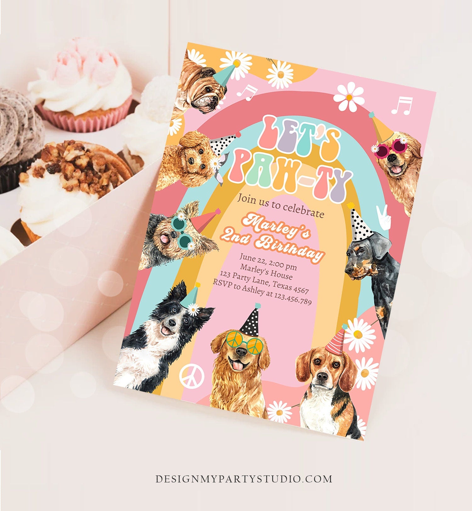 Editable Groovy Dog Birthday Party Invitation Retro Puppy Birthday Invite Girl Doggy Daisy Lets Pawty Download Printable Template Corjl 0463