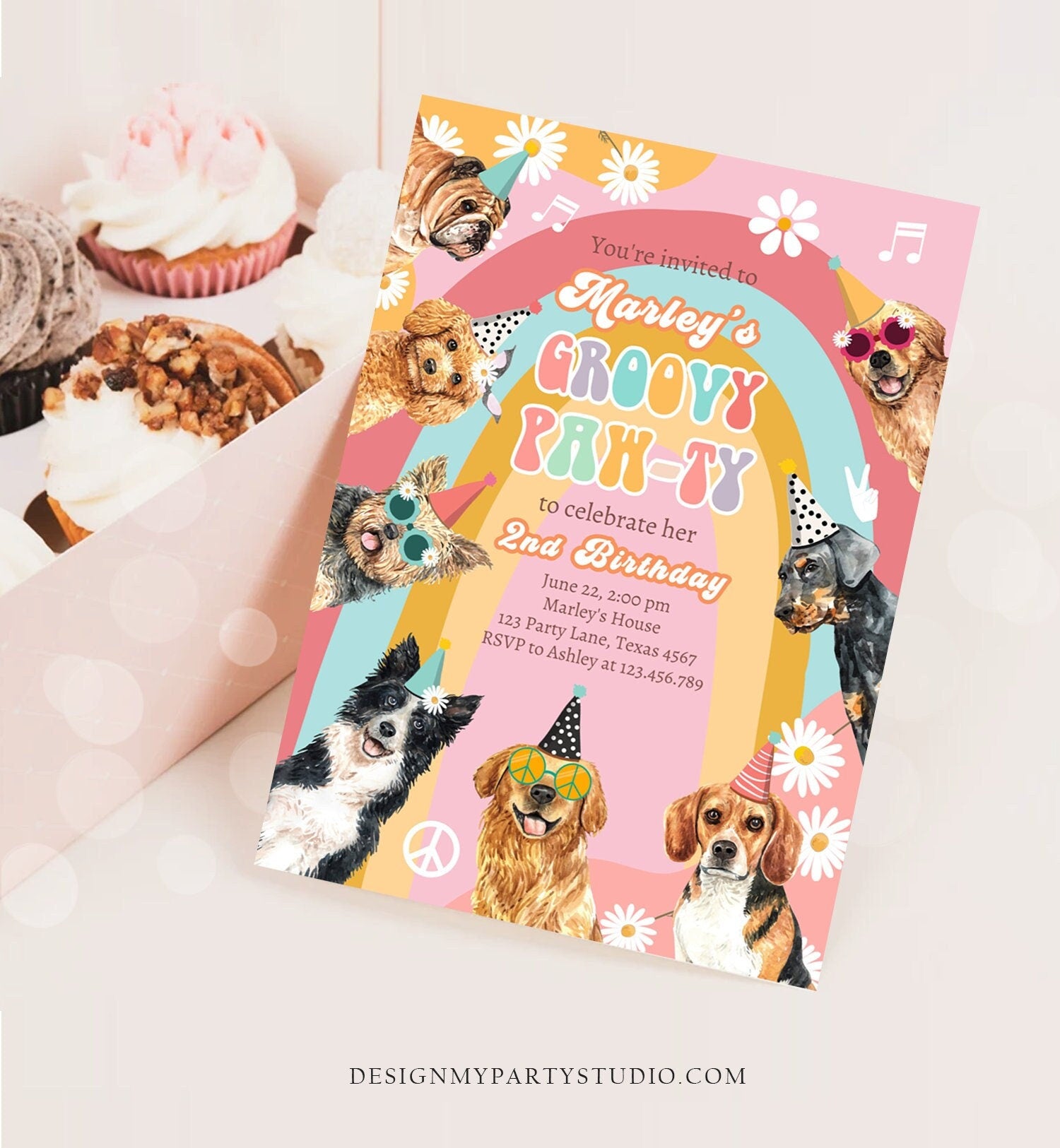 Editable Groovy Pawty Dog Birthday Party Invitation Retro Puppy Birthday Invite Girl Doggy Pawty Download Printable Template Corjl 0463